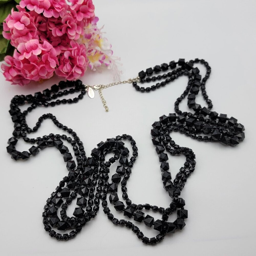 Mark By Avon Black Faceted Acrylic Bead Necklace 3-Strand 44" Adj. Silver Tone